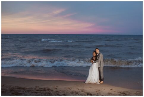 Lexington beachfront wedding, Michigan wedding photographer, Port Huron Wedding on beach bride and groom at sunset