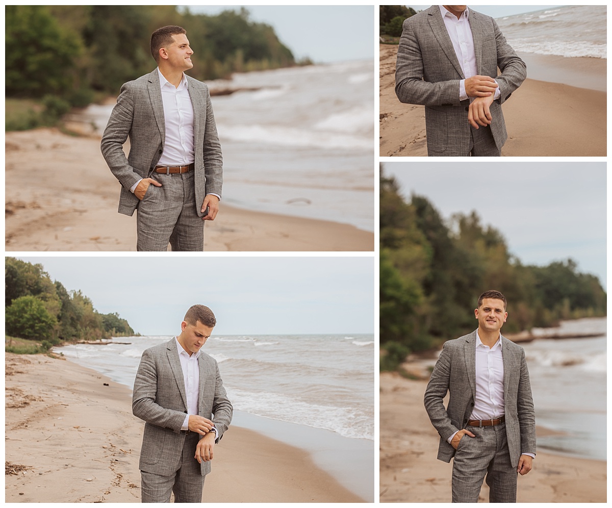 LExington Michigan beach wedding, Port Huron MIchigan wedding, Groom detail, groom on beach