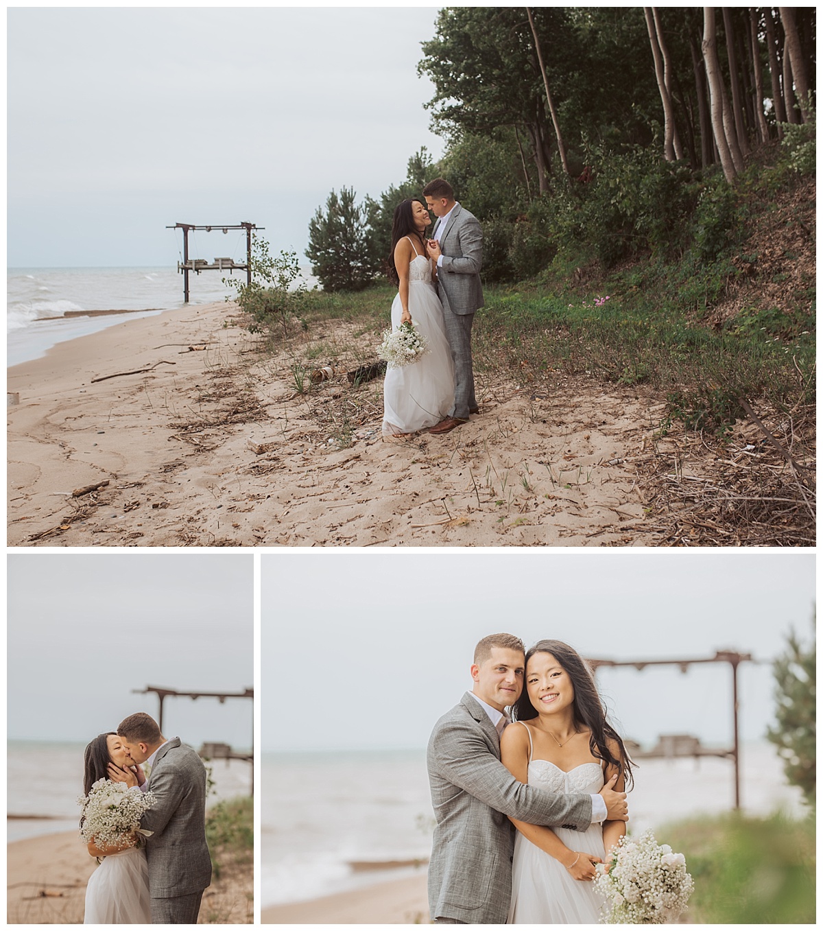 LExington Michigan beach wedding, Port Huron MIchigan wedding, Groom detail, Bride abnd groom on beach