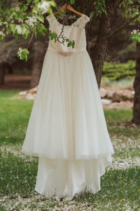 Ruby tree farm wedding, bride and groom ceremony, michigan wedding photo, wedding dress hanging from tree
