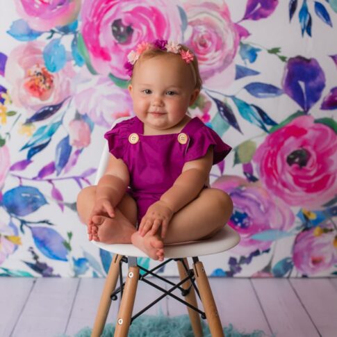 baby girl studio session, port huron studio photographer, purple floral backdrop